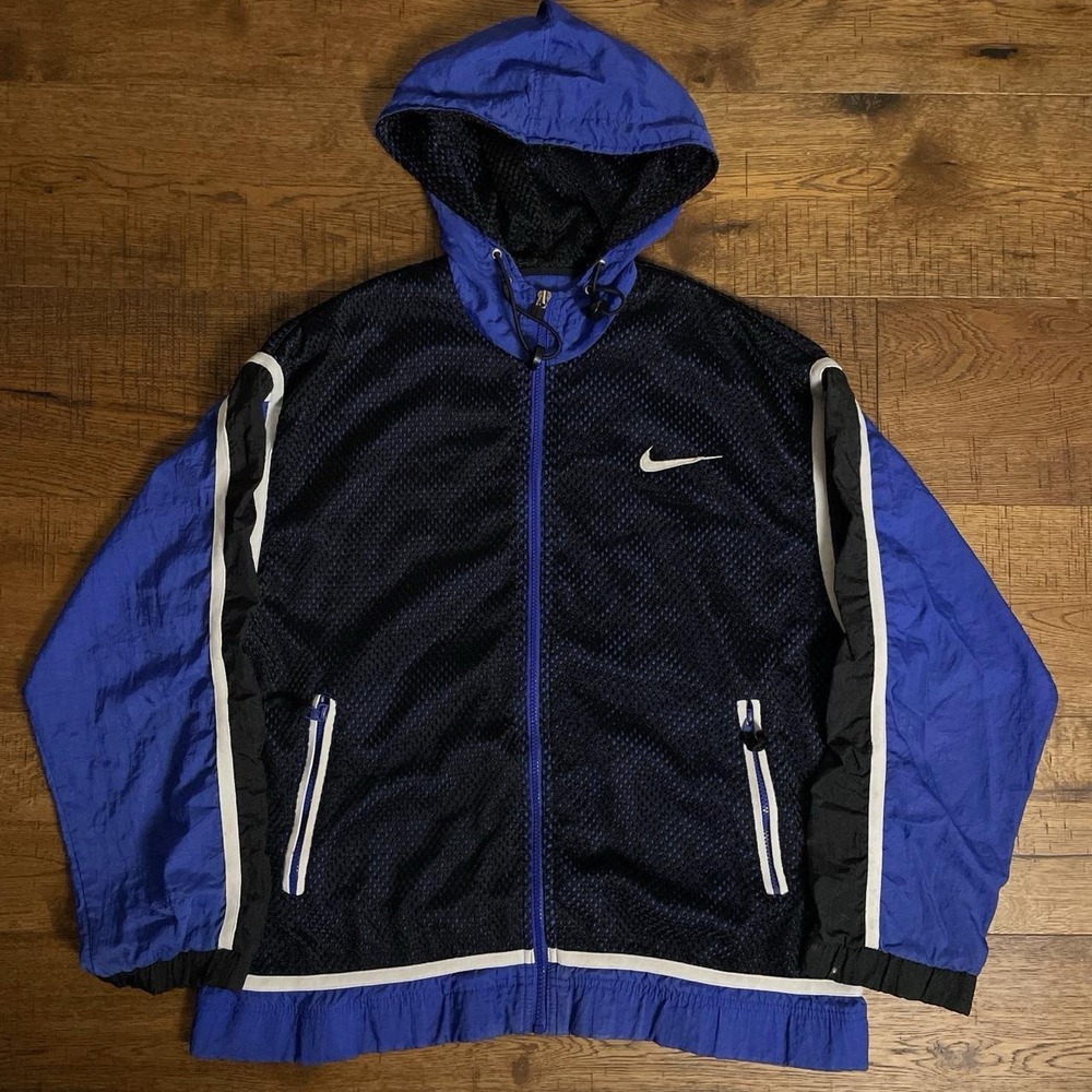 Nike Windbreaker Jacket Women L Blue Athleisure Gorpcore Mesh Hooded Vintage